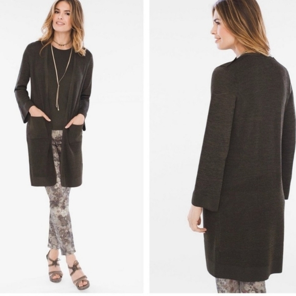 Chico's Mix Stitch open long Cardigan relaxed fit ambered olive front pockets - Picture 1 of 10